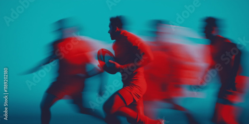 rugby match in vibrant duotone red and blue with dynamic motion blur, showcasing team energy, power, and artistic intensity in a bold and modern sports visual for impactful designs
