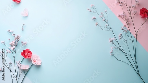 Delicate flowers arranged on pastel background