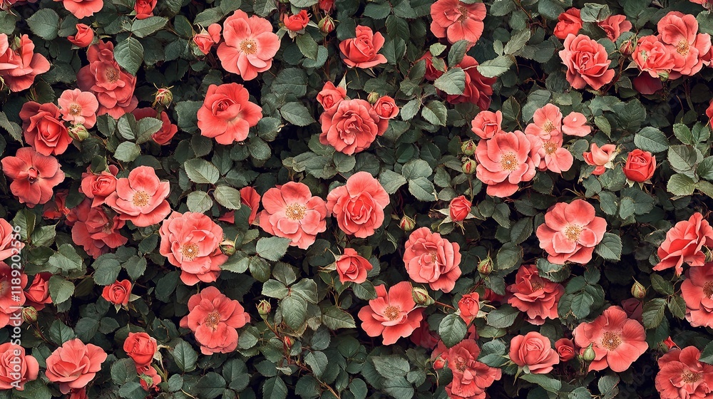 Fototapeta premium Seamless Pattern of Fresh Red Roses on Dark Green Background