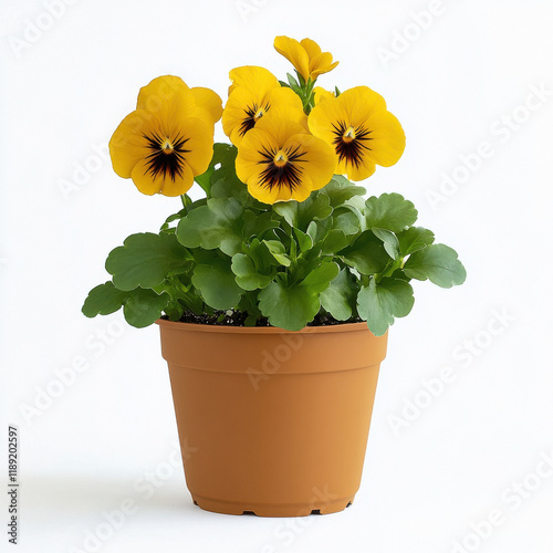 yellow pansy plant in pot on white background photo