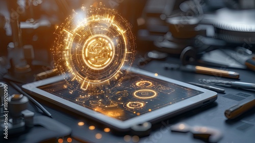 Futuristic Concepts Depicting Brainstorming and Ideation Processes, captured in a realistic photo of scattered tools and glowing idea diagrams on a digital tablet