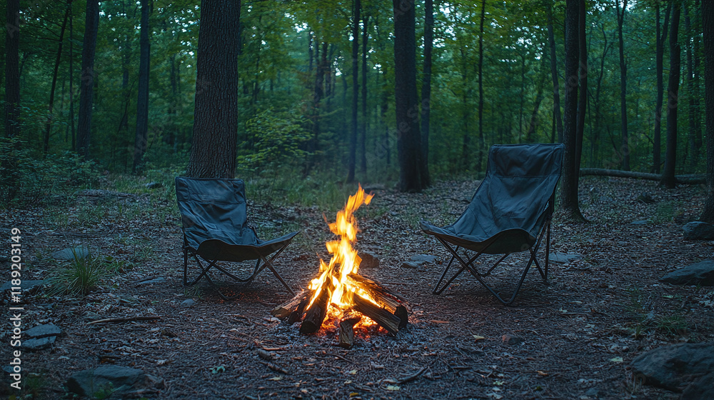 Campfire flame burning deep in the woods, under the starry night sky, near the camp chair. camping in the wilderness alone. rural traveling concept. Campfire flame burning deep in the woods, under the starry night sky, near the camp chair. camping in the wilderness alone. rural traveling concept.