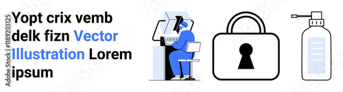 Person working on a computer, key lock icon representing security, and hand sanitizer bottle for hygiene. Ideal for online security, healthcare, work safety, technology, data protection, clean