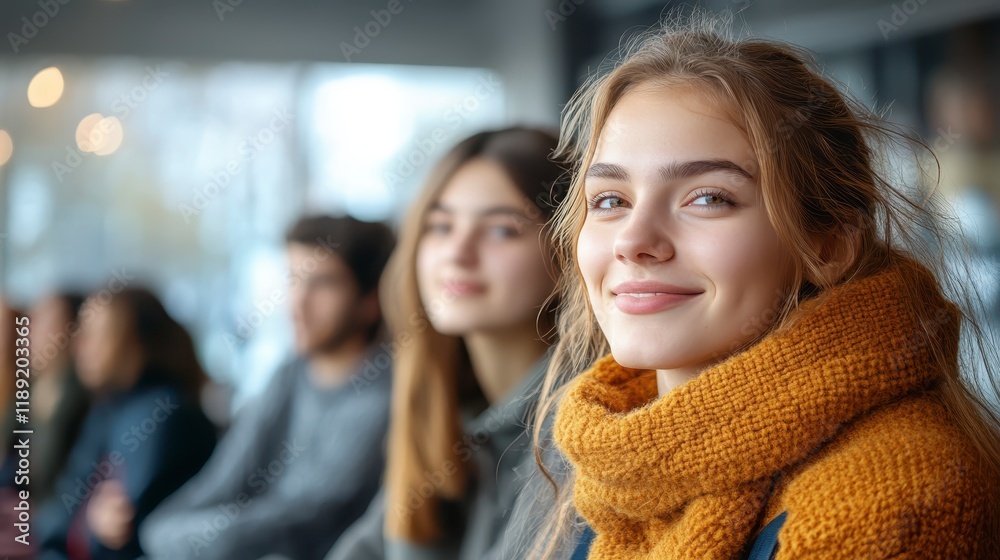Fototapeta premium Beautiful Young Woman with Friends Smiling Portrait Casual Winter Fashion