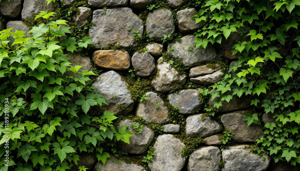 Rugged stone wall covered with green ivy and moss Rugged stone wall covered with green ivy and moss