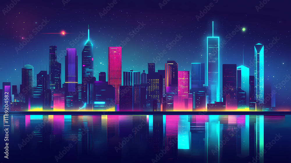 Futuristic cityscape with glowing neon lights and vibrant colors. Nightstone. Illustration Futuristic cityscape with glowing neon lights and vibrant colors. Nightstone. Illustration