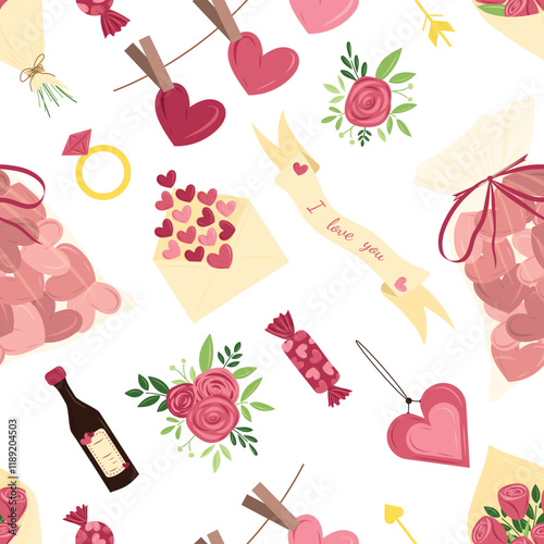 Seamless pattern for happy Saint Valentines day. Bag with pink glazed cookies, chocolate candies, rose flowers bouquets, buttonhole rose. Hand drawn vector illustration in flat style