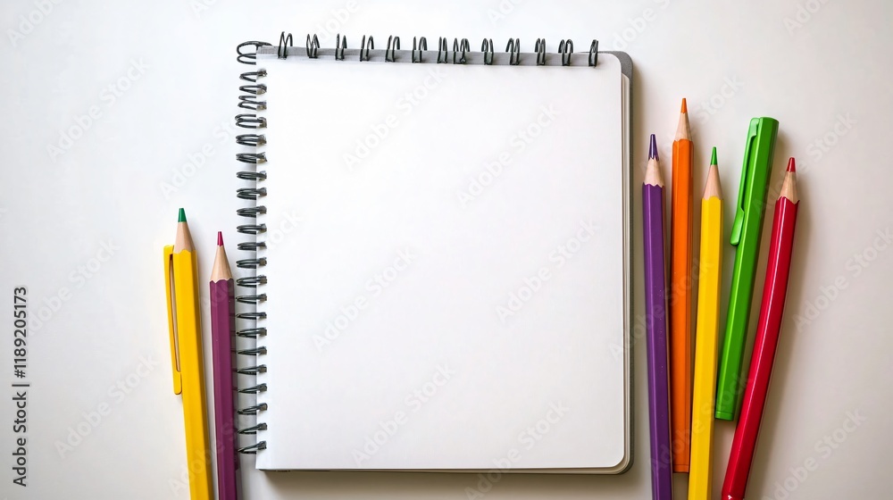 Blank Spiral Notebook with Colorful Pencils and Pen Blank Spiral Notebook with Colorful Pencils and Pen