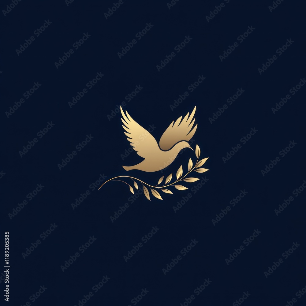 Fototapeta premium Golden dove, olive branch, dark background, logo design (1)