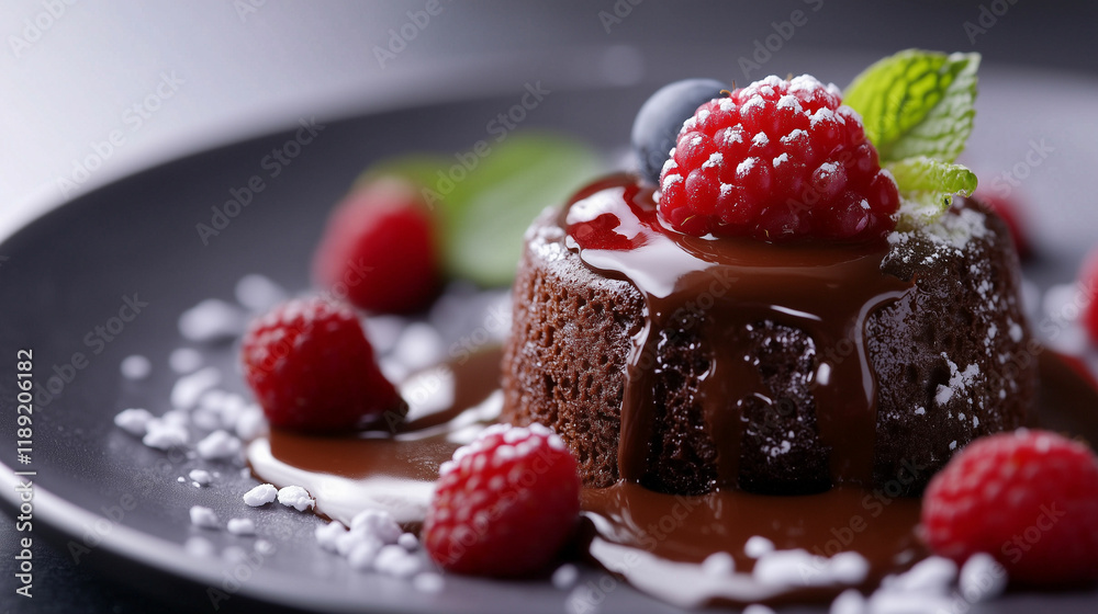 Indulge in a decadent chocolate fondant with molten center topped with fresh berries at a gourmet dessert restaurant Indulge in a decadent chocolate fondant with molten center topped with fresh berries at a gourmet dessert restaurant