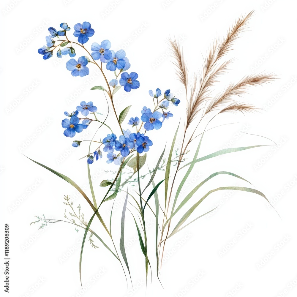 Naklejka premium watercolor painting of blue flowers and wheat stalks on white