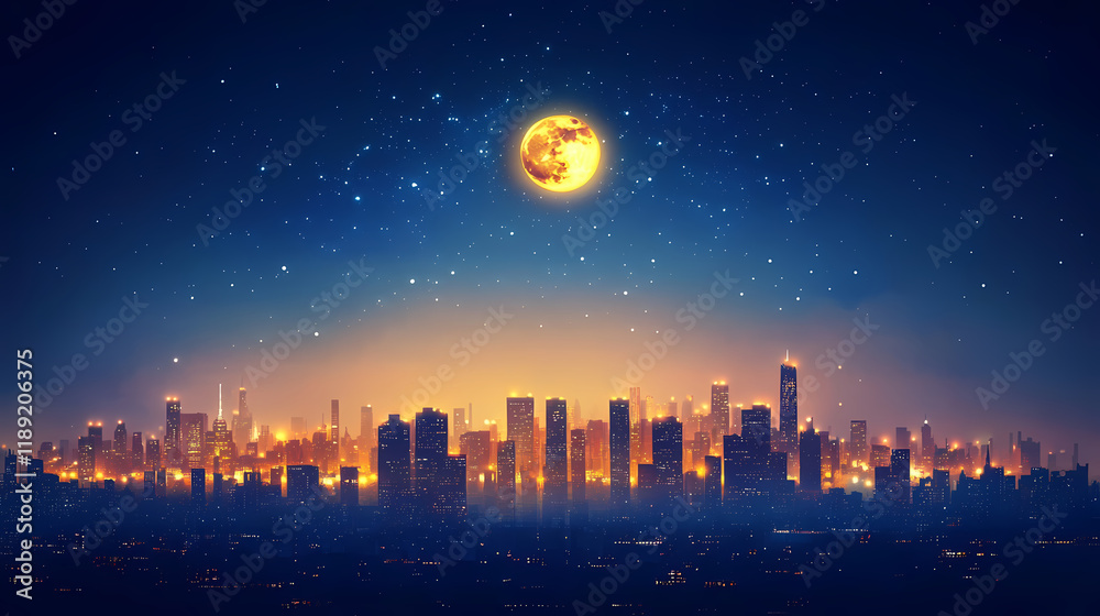 Golden city illuminated at night under a bright sky. Nightstone. Illustration