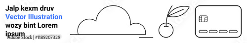 Cloud, leafy cherry, and simplified keyboard design drawn in black lines. Ideal for tech, environmental themes, minimalism, design elements, modern graphics educational material web icons. Landing