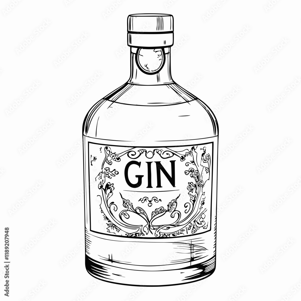Gin bottle with vintage label in black and white sketch