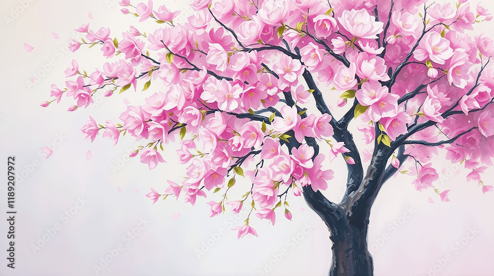 Fototapeta premium Cherry blossom tree, pink petals, spring bloom, watercolor painting, textured canvas, delicate branches, soft pastel colors, Japanese-inspired art, tranquil scene, minimalist composition,