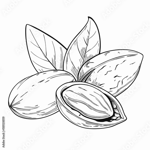 Almonds with leaves, black and white sketch