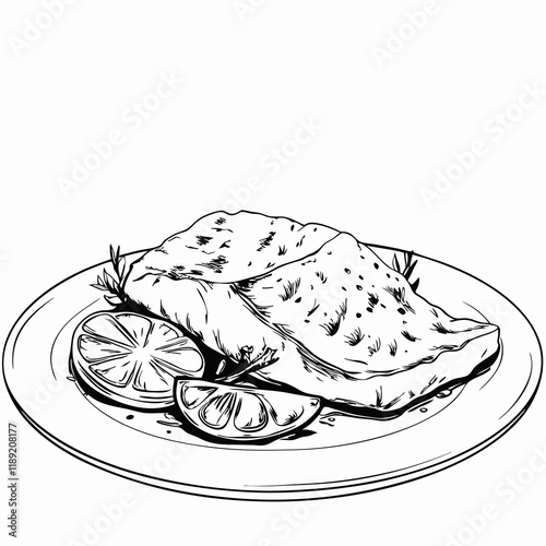 Baked salmon with lemon garnish, black and white drawing