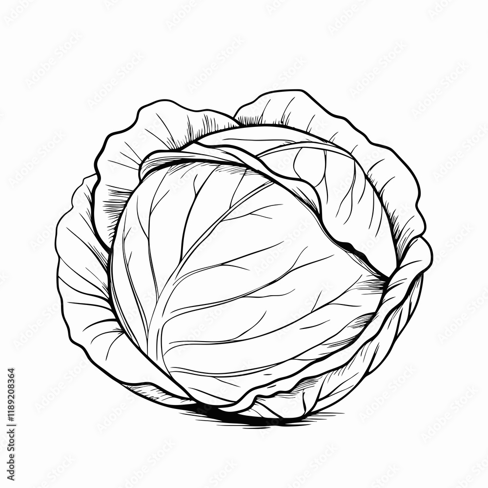 Whole cabbage with outer leaves, black and white illustration