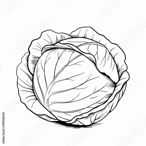 Obraz na płótnie Whole cabbage with outer leaves, black and white illustration w salonie