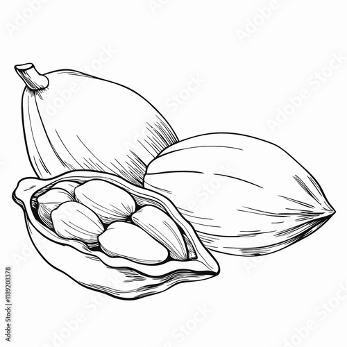 Cardamom pods and seeds in black and white sketch