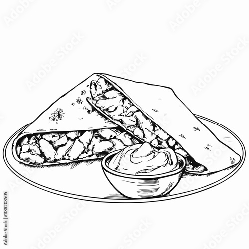 Stuffed wrap with dipping sauce, black and white illustration