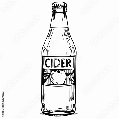 Bottle of cider with label, black and white illustration