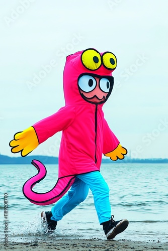 Joyful Little Girl in Colorful Squid Costume Splashing Through Water at the Beach photo