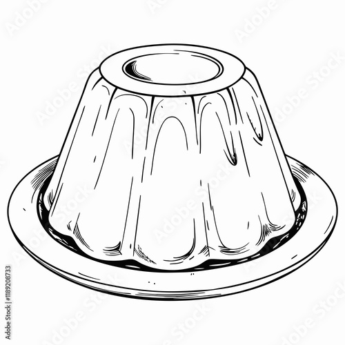 Gelatin dessert on a plate, black and white illustration