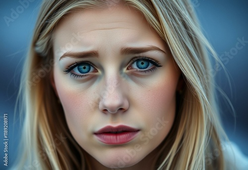 Portrait of a Nordic blond woman with a melancholic expression