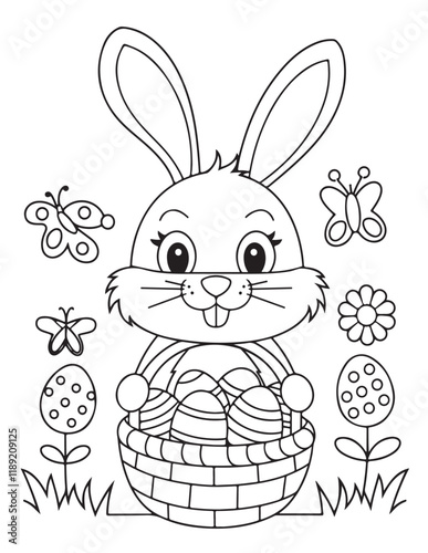 Easter Coloring page, Easter egg Coloring Page, Easter Holiday coloring page, easter bunny coloring page. bunny line art, black and white image