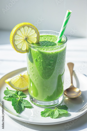 Green smoothie with lemon and mint on a white saucer