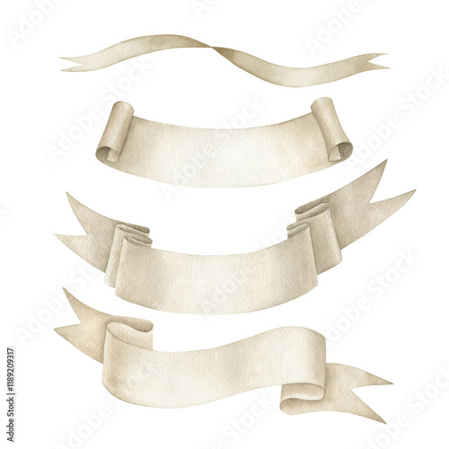 Watercolor neutral beige ribbon collection.  Hand drawn  isolated  illustration on white background