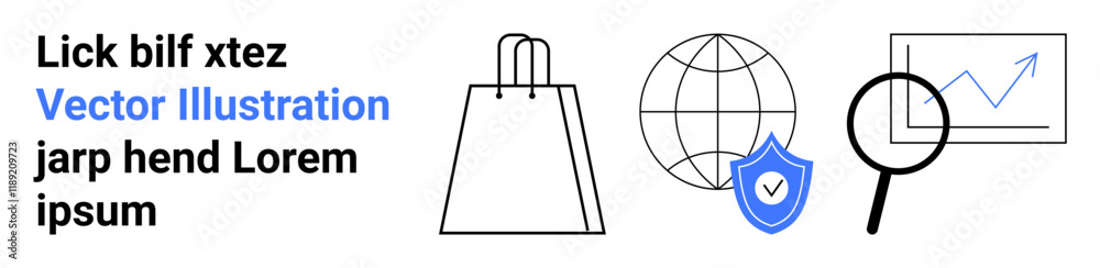 Shopping bag, globe with shield, magnifying glass over graph representing e-commerce, global security, and market analysis. Ideal for online shopping, global trade, data security, business analytics Shopping bag, globe with shield, magnifying glass over graph representing e-commerce, global security, and market analysis. Ideal for online shopping, global trade, data security, business analytics