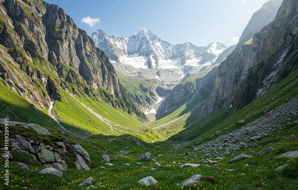 Fototapeta premium Alpine Meadow in a Mountain Valley – Serene Landscape with Blooming Wildflowers and Majestic Peaks