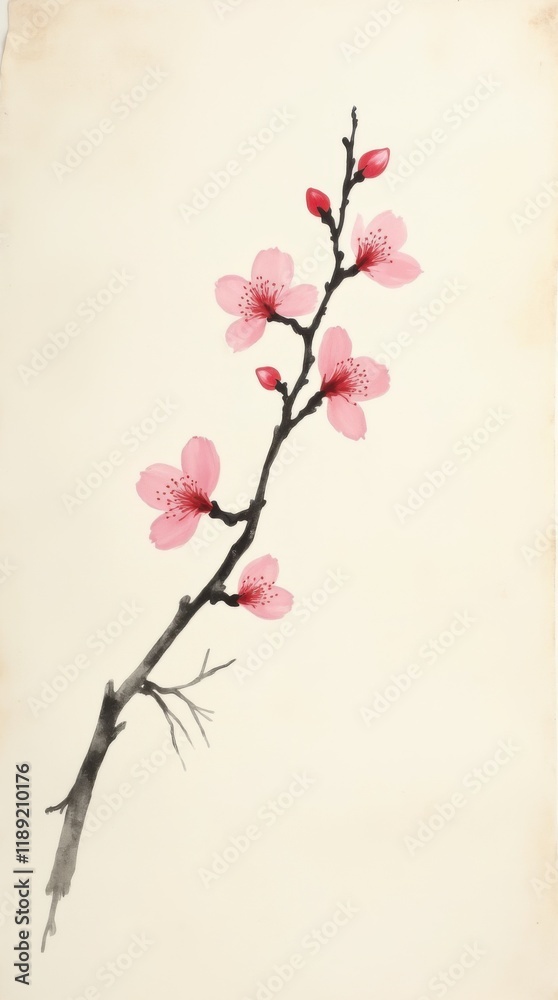 Fototapeta premium Minimalist Japanese Ink Painting: Cherry Blossom Branch