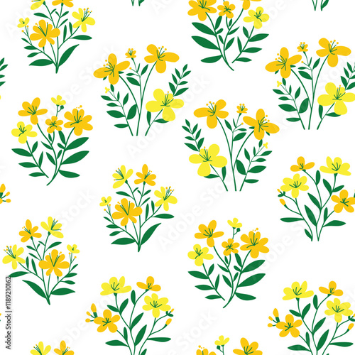 seamless pattern with Hand Drawn Flowers St. Johns Wort simple vector illustration on a white background