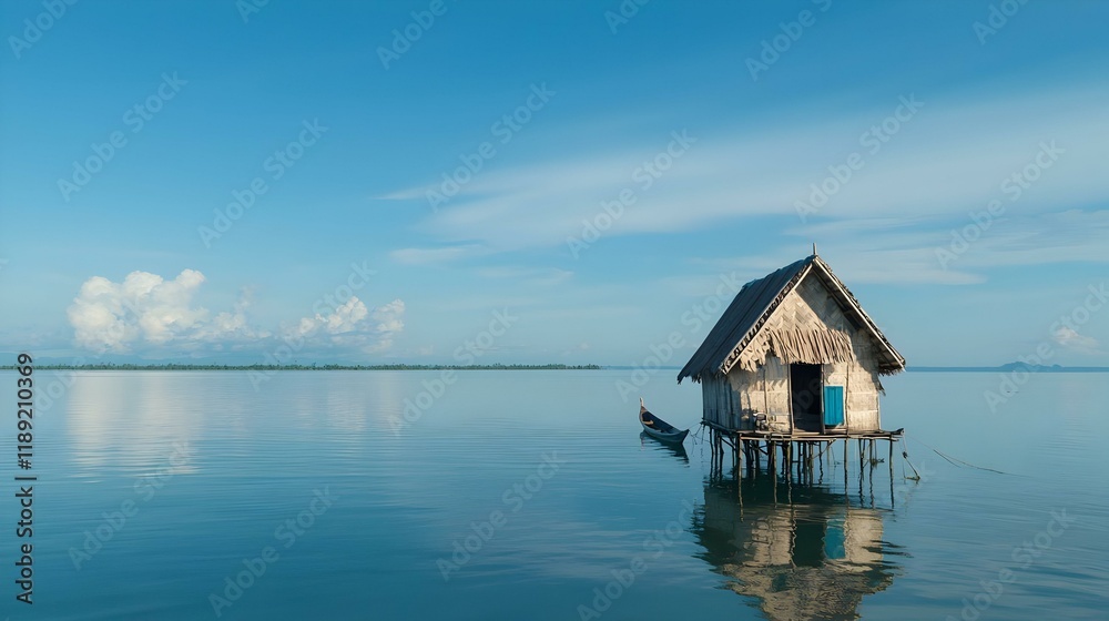 Stilted Serenity, A tranquil village elevated above water, featuring traditional homes and lush greenery, reflecting harmony with nature. Stilted Serenity, A tranquil village elevated above water, featuring traditional homes and lush greenery, reflecting harmony with nature.