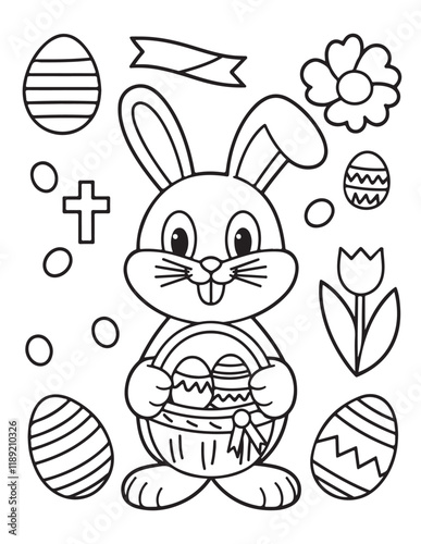 Easter Coloring page, Easter egg Coloring Page, Easter Holiday coloring page, easter bunny coloring page. bunny line art, black and white image