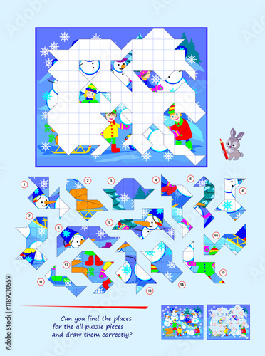 Can you find the places for the all puzzle pieces and draw them correctly? Logic game for children and adults. Page for kids brain teaser book. Developing spatial thinking. Flat vector illustration.