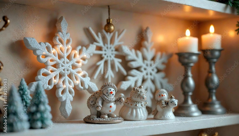Fototapeta premium Holiday Shelf with Ceramic Snowflakes and Miniature Figurines