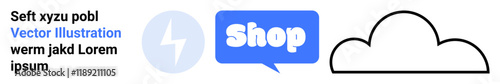 Includes vectors of a lightning bolt, a shopping bubble, and a cloud shape with sample text. Ideal for online shopping, cloud services, e-commerce, digital marketing, and technology. Banner
