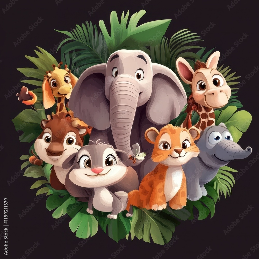Naklejka premium Adorable Baby Animals Gather Amongst Lush Tropical Foliage