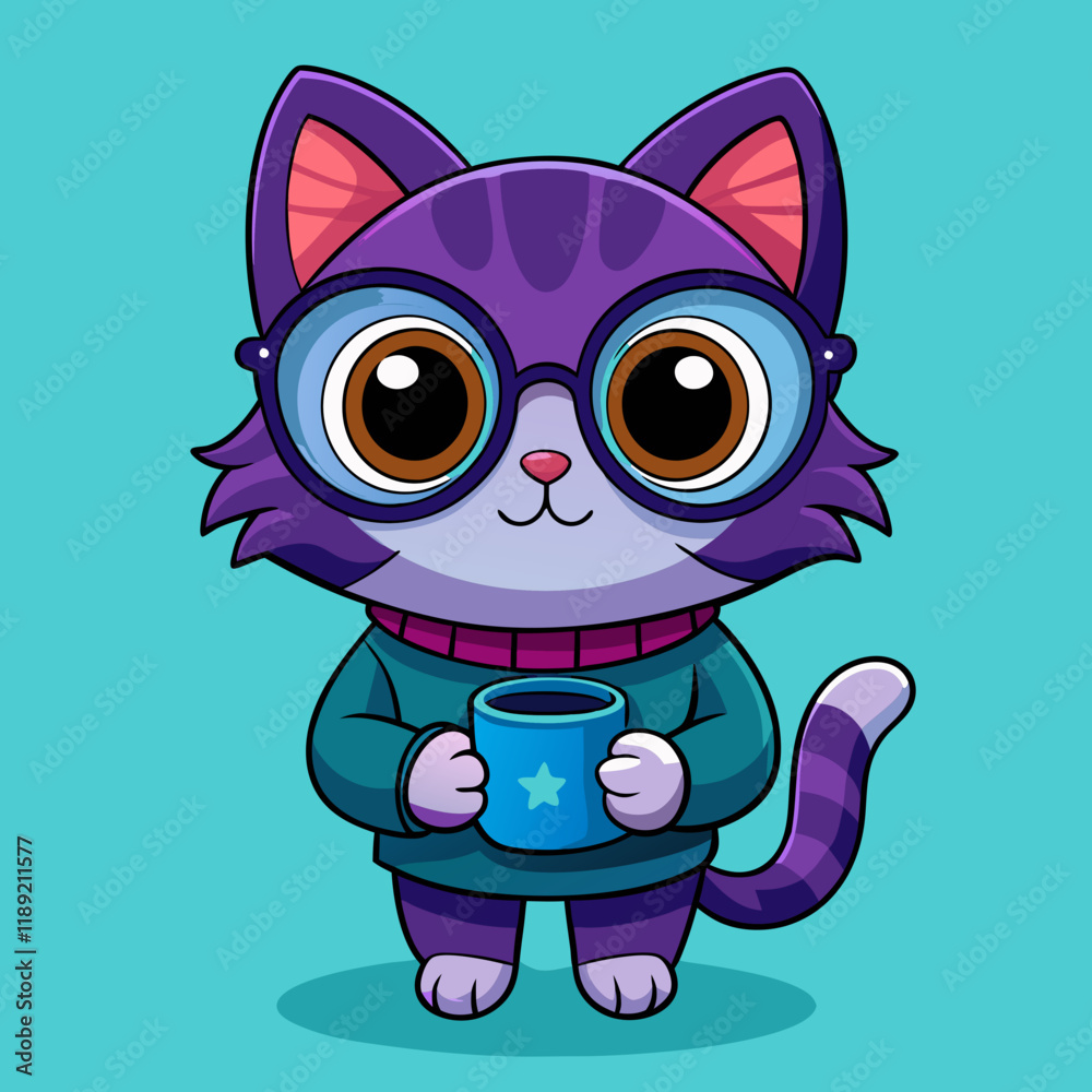 Cute Cartoon Cat – Big Eyes, Blue Fur, Purple Accessories, Adorable Character Cute Cartoon Cat – Big Eyes, Blue Fur, Purple Accessories, Adorable Character