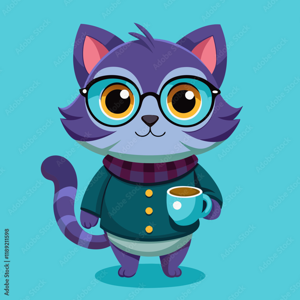 Cute Cartoon Cat – Big Eyes, Blue Fur, Purple Accessories, Adorable Character Cute Cartoon Cat – Big Eyes, Blue Fur, Purple Accessories, Adorable Character