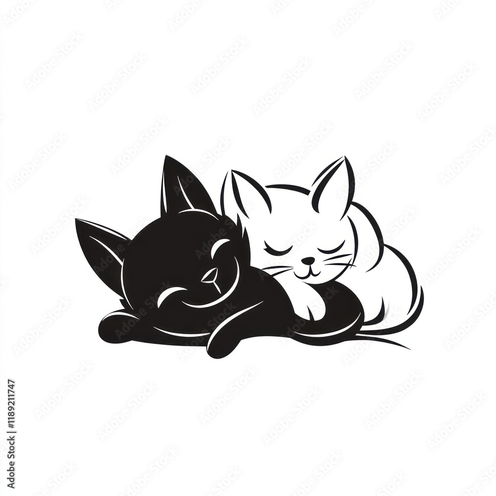 Fototapeta premium Sleeping black and white kittens cuddling on white background, design element