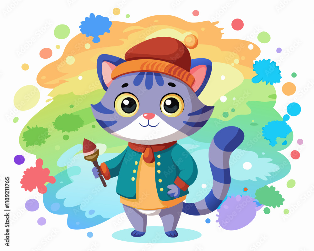 Fototapeta premium Cute Cartoon Cat Character – Colorful Polka Dot Sweater, Adorable Design