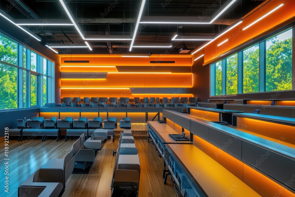 A classroom with tiered seating, ambient lighting, and a focus on interactive, modular setups A classroom with tiered seating, ambient lighting, and a focus on interactive, modular setups