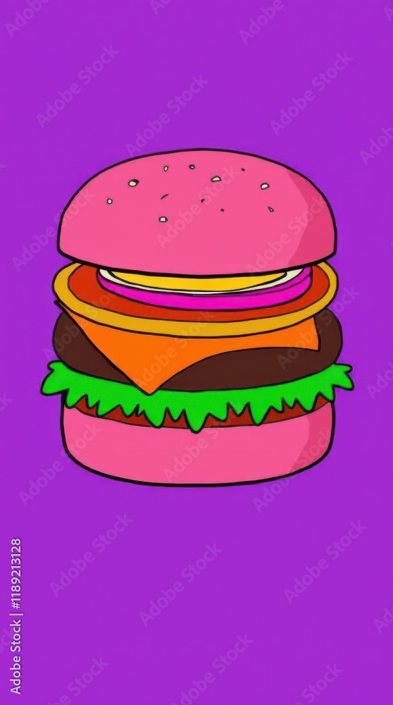 Pop Art Hamburger with Bright Pink Buns, Neon Green Lettuce, and Vivid Orange Cheese Pop Art Hamburger with Bright Pink Buns, Neon Green Lettuce, and Vivid Orange Cheese