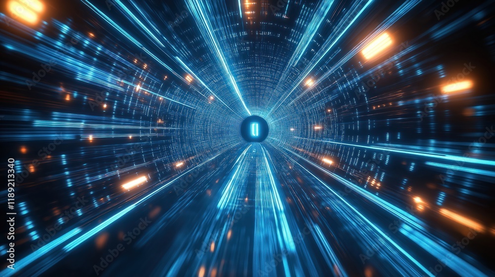 Futuristic tunnel with high speed blue light lines, glowing effects. Dynamic design represents data transfer in motion. Abstract digital tech concept. Night scene. Glowing lines create sense of Futuristic tunnel with high speed blue light lines, glowing effects. Dynamic design represents data transfer in motion. Abstract digital tech concept. Night scene. Glowing lines create sense of