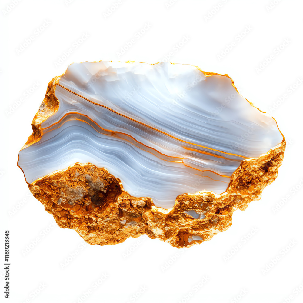 Fototapeta premium Beautiful agate stone with blue and orange hues, white isolated background.